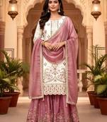White silk readymade suit with embroidery & sequence work