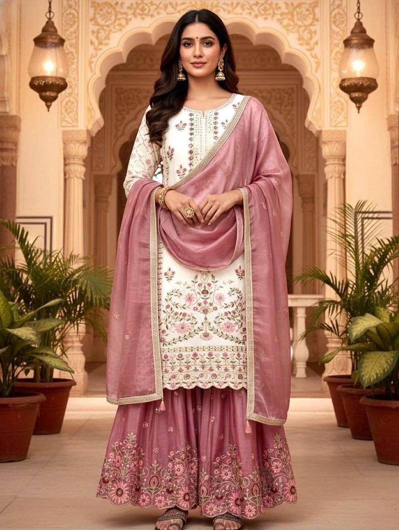 White silk readymade suit with embroidery & sequence work