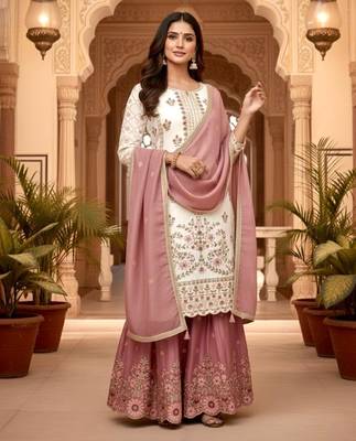 White silk readymade suit with embroidered sequin  2