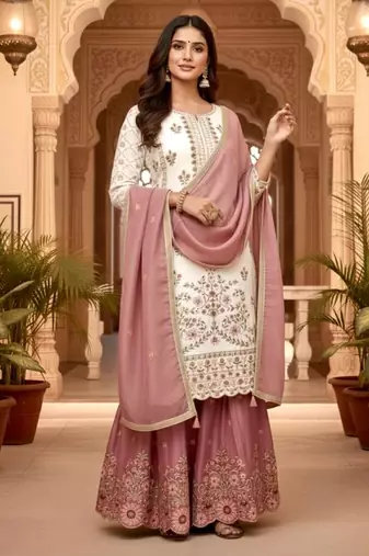White silk readymade suit with embroidered sequin 