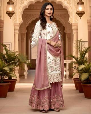White silk readymade suit with embroidered sequin  3