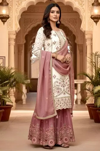 White silk readymade suit with embroidered sequin 