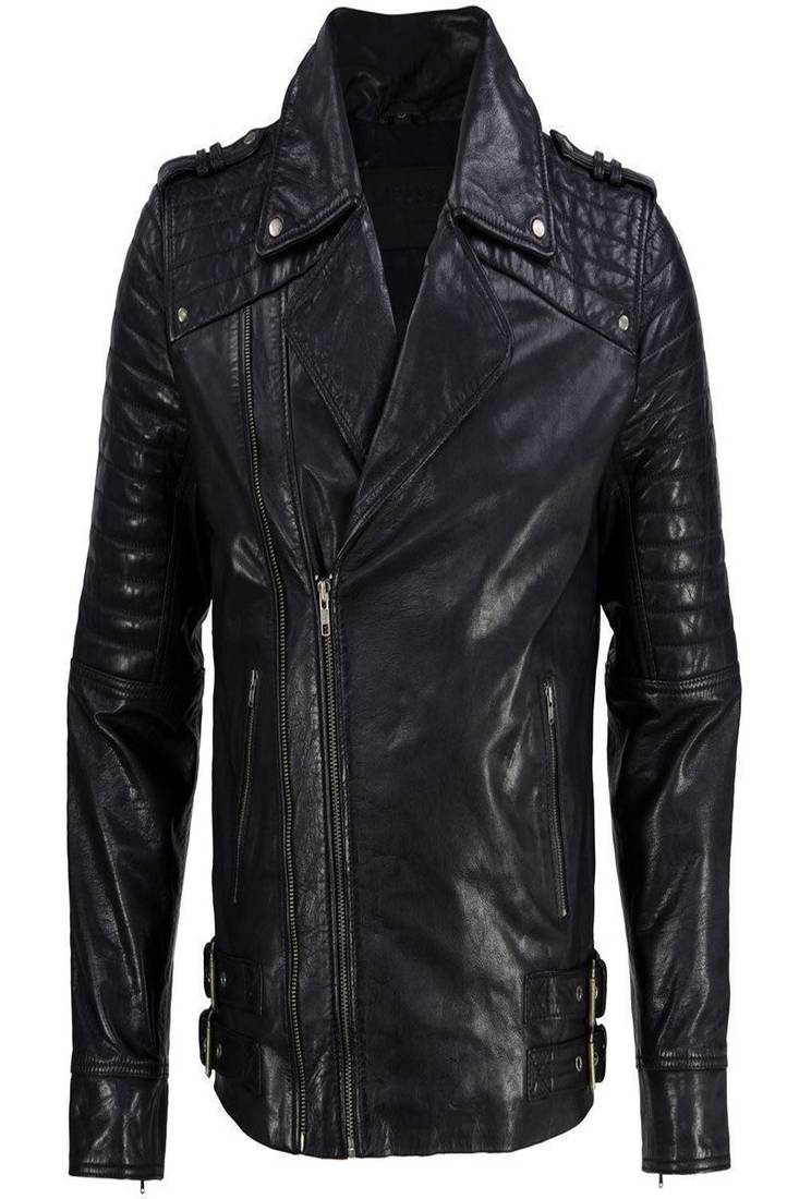 Biker style black lambskin leather jacket front zipper wide lapel collar style fastion