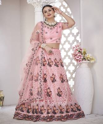 Embroidered Thread Work Semi Stitched Lehenga & Unstitched Blouse With Dupatta 1