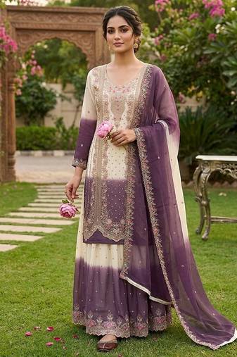 White & purple georgette readymade suit with embroidery thread work