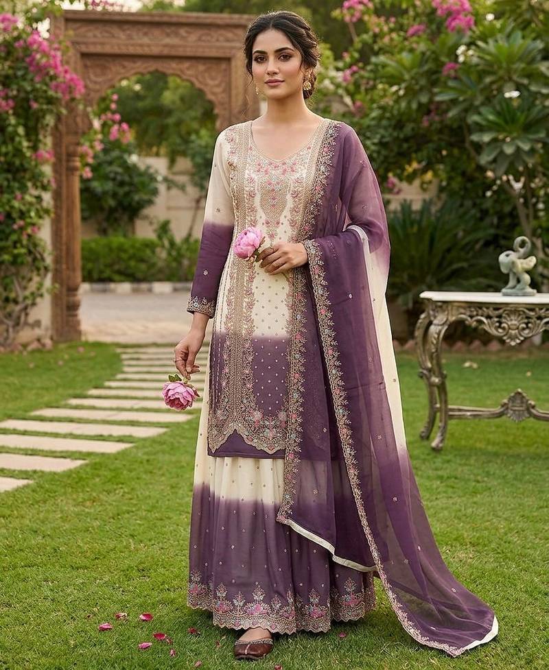 White & purple georgette readymade suit with embroidery thread work