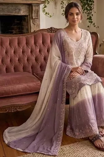 White & purple georgette readymade suit with embroidery thread 