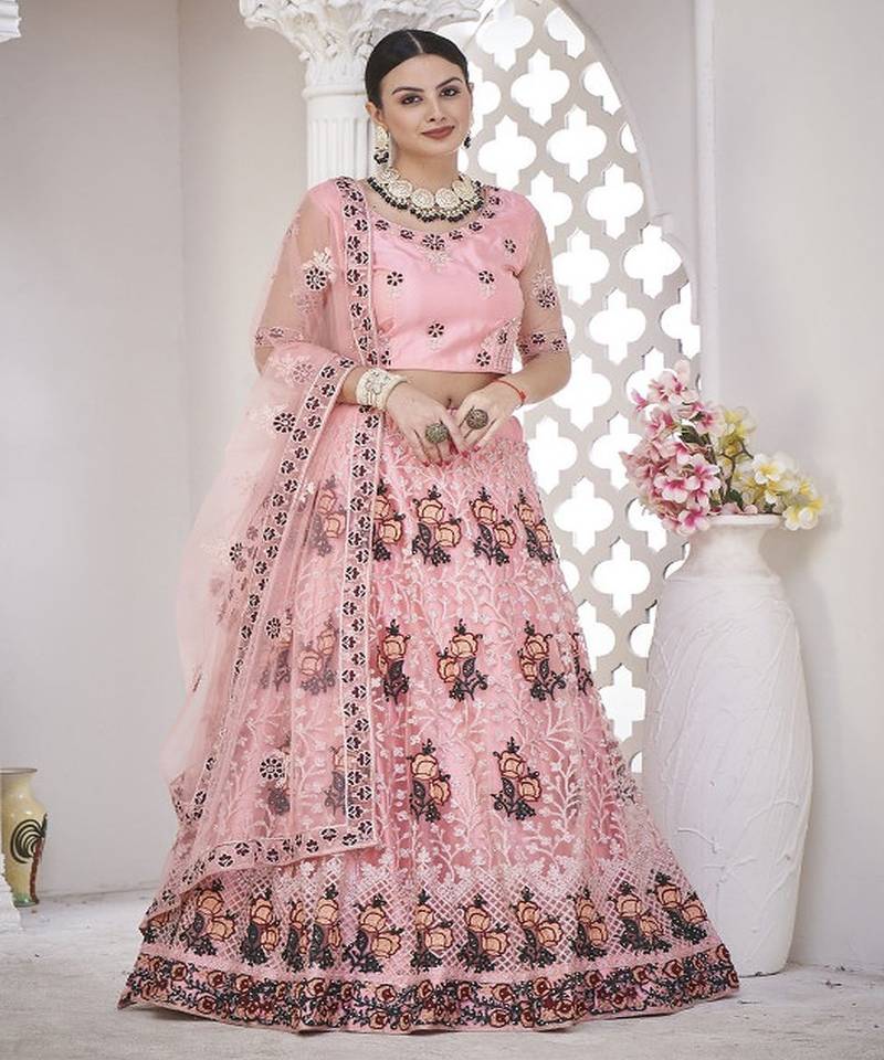 Embroidered Thread Work Semi Stitched Lehenga & Unstitched Blouse With Dupatta