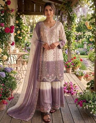 White & purple georgette readymade suit with embroidery thread  3