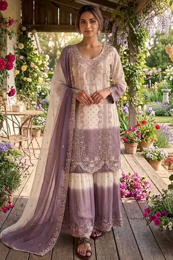 White & purple georgette readymade suit with embroidery thread 