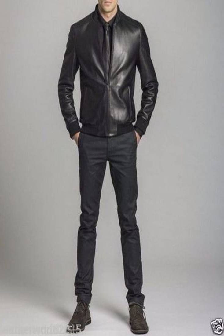 Cafe racer band collerleather jacket slim and fitted fashtion look