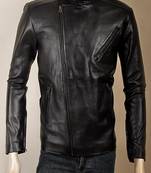 Straight zip closure black lambskin leather jacket zipper pockets fastion look