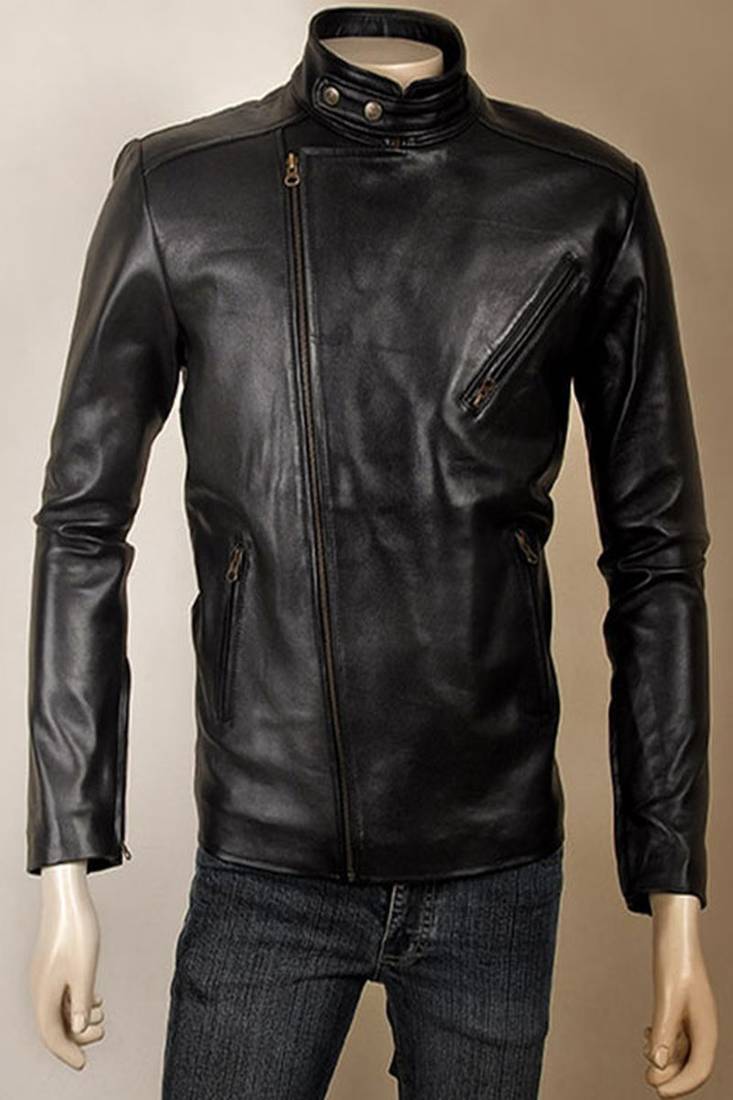Straight zip closure black lambskin leather jacket zipper pockets fastion look