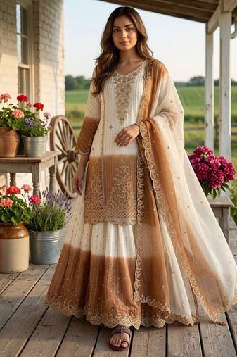White & brown georgette readymade suit with embroidery thread work