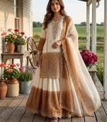 White & brown georgette readymade suit with embroidery thread work