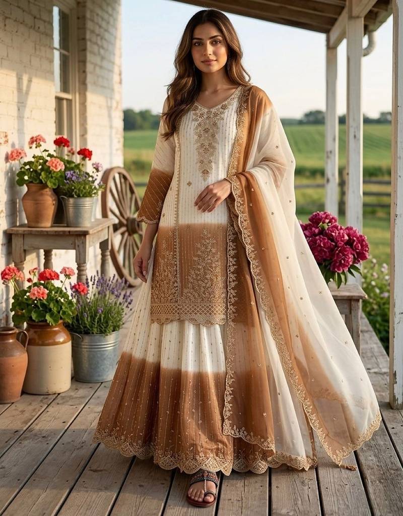 White & brown georgette readymade suit with embroidery thread work