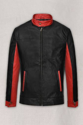 Men's black & red café racer leather jacket sporty panels fastion look