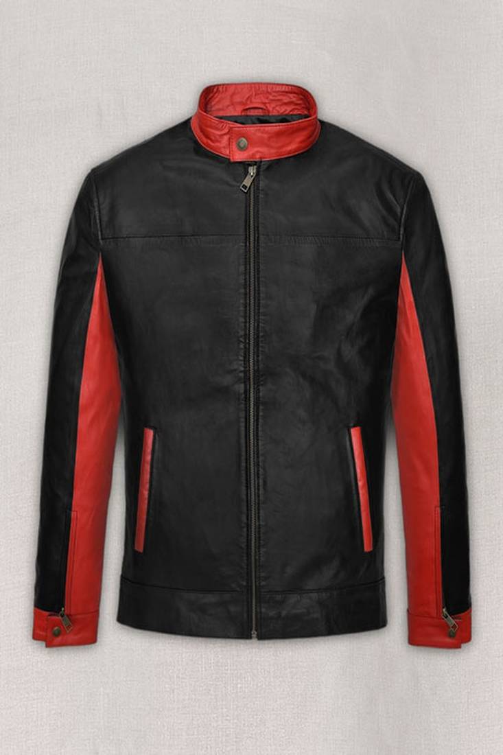 Men's black & red café racer leather jacket sporty panels fastion look