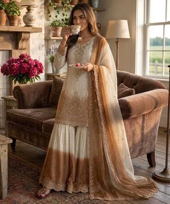 White & brown georgette readymade suit with embroidery thread  2