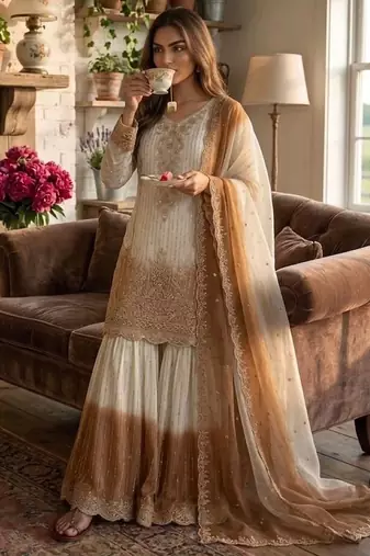 White & brown georgette readymade suit with embroidery thread 
