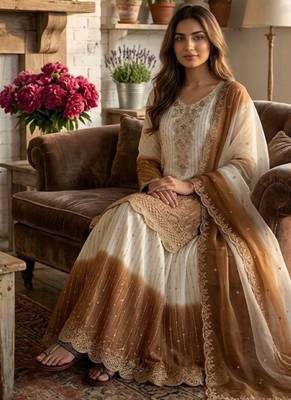 White & brown georgette readymade suit with embroidery thread  3