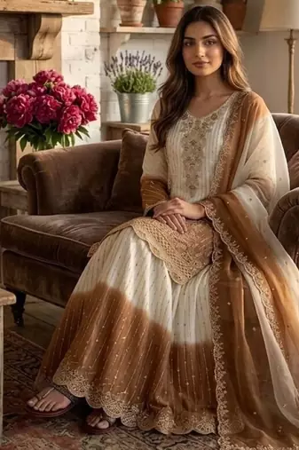 White & brown georgette readymade suit with embroidery thread 