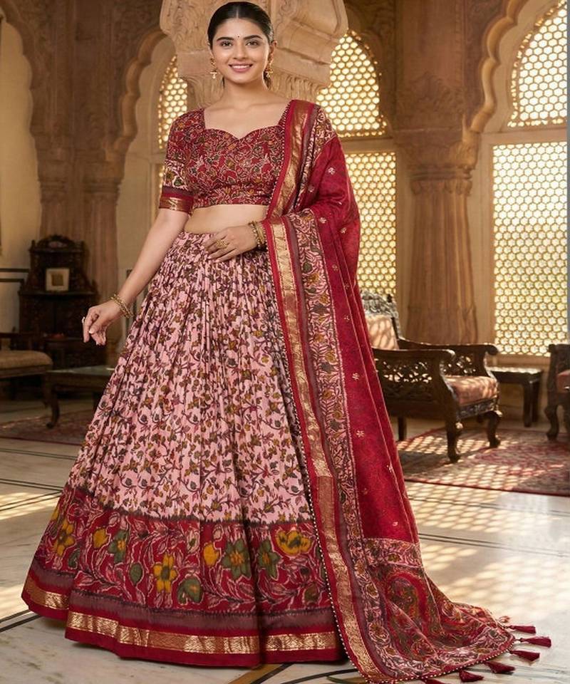 Printed Kalamkari Ready to Wear Lehenga & Unstiched Blouse With Dupatta