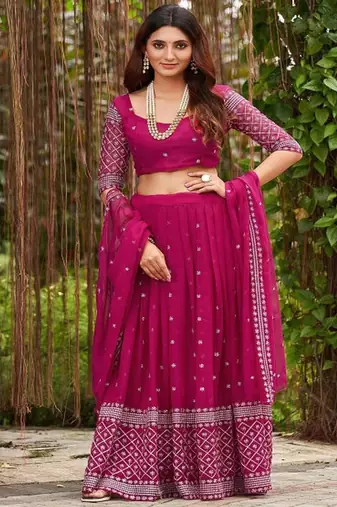 Embroidered Georgette Semi Stitched Lehenga & Unstitched Blouse With Dupatta