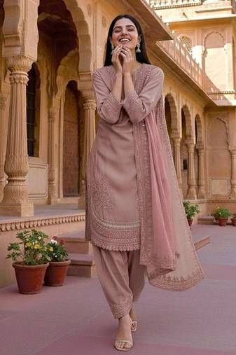 Pink crepe readymade suit with embroidery & sequence work