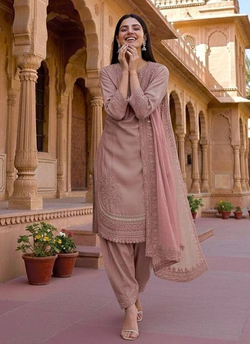 Pink crepe readymade suit with embroidery & sequence work