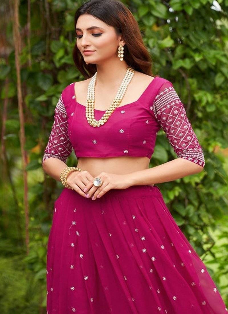 Embroidered Georgette Semi Stitched Lehenga & Unstitched Blouse With Dupatta