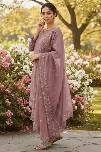 Pink crepe readymade suit with embroidered sequin 