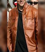 Stylish brown button zip lambskin leather biker jacket tomcruis look