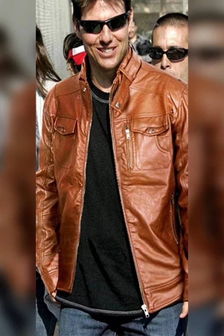Stylish brown button zip lambskin leather biker jacket tomcruis look