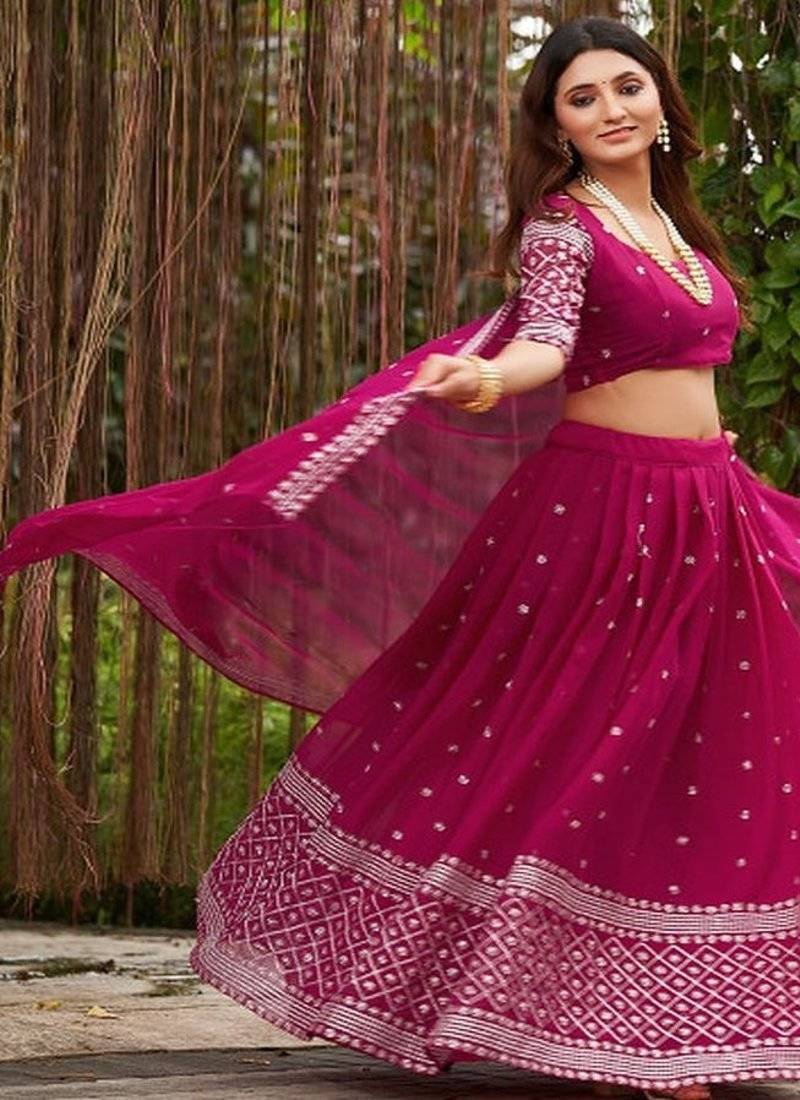 Embroidered Georgette Semi Stitched Lehenga & Unstitched Blouse With Dupatta