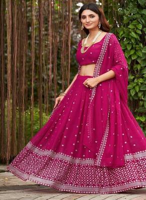 Embroidered Thread Work Semi Stitched Lehenga & Unstitched Blouse With Dupatta 1