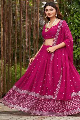 Embroidered Thread Work Semi Stitched Lehenga & Unstitched Blouse With Dupatta
