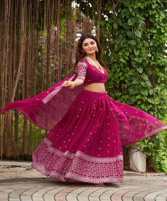 Embroidered Thread Work Semi Stitched Lehenga & Unstitched Blouse With Dupatta 3