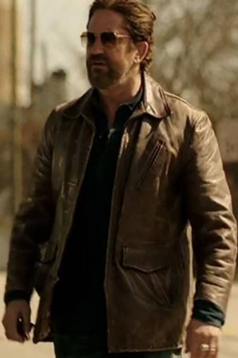 Mens dark brown straight zip line lambskin leather jacket  gerard butler den of thieves style