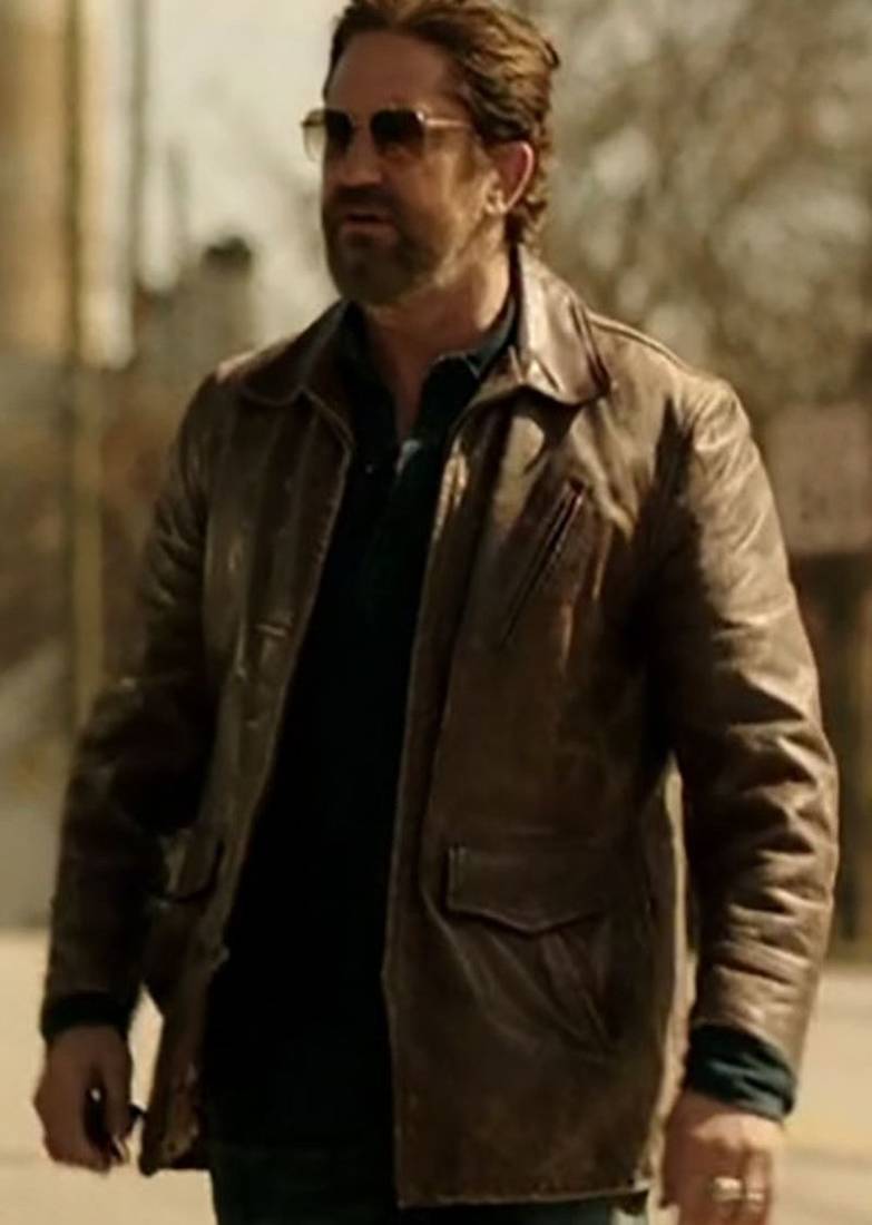 Mens dark brown straight zip line lambskin leather jacket  gerard butler den of thieves style