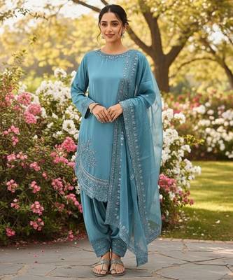 Blue crepe readymade suit with embroidery & sequence work 1