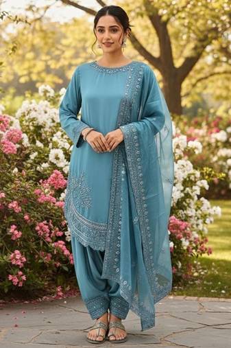 Blue crepe readymade suit with embroidery & sequence work