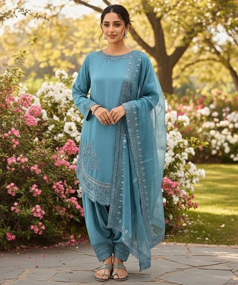 Blue crepe readymade suit with embroidery & sequence work