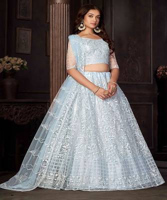 Embroidered Thread Work Semi Stitched Lehenga & Unstitched Blouse With Dupatta 3