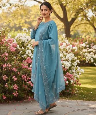 Blue crepe readymade suit with embroidery & sequence work 2
