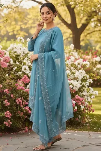 Blue crepe readymade suit with embroidered sequin 