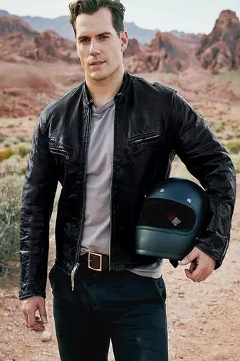 men's black zipper slim fit lambskin leather biker jacket moto style henry cavill fashtion