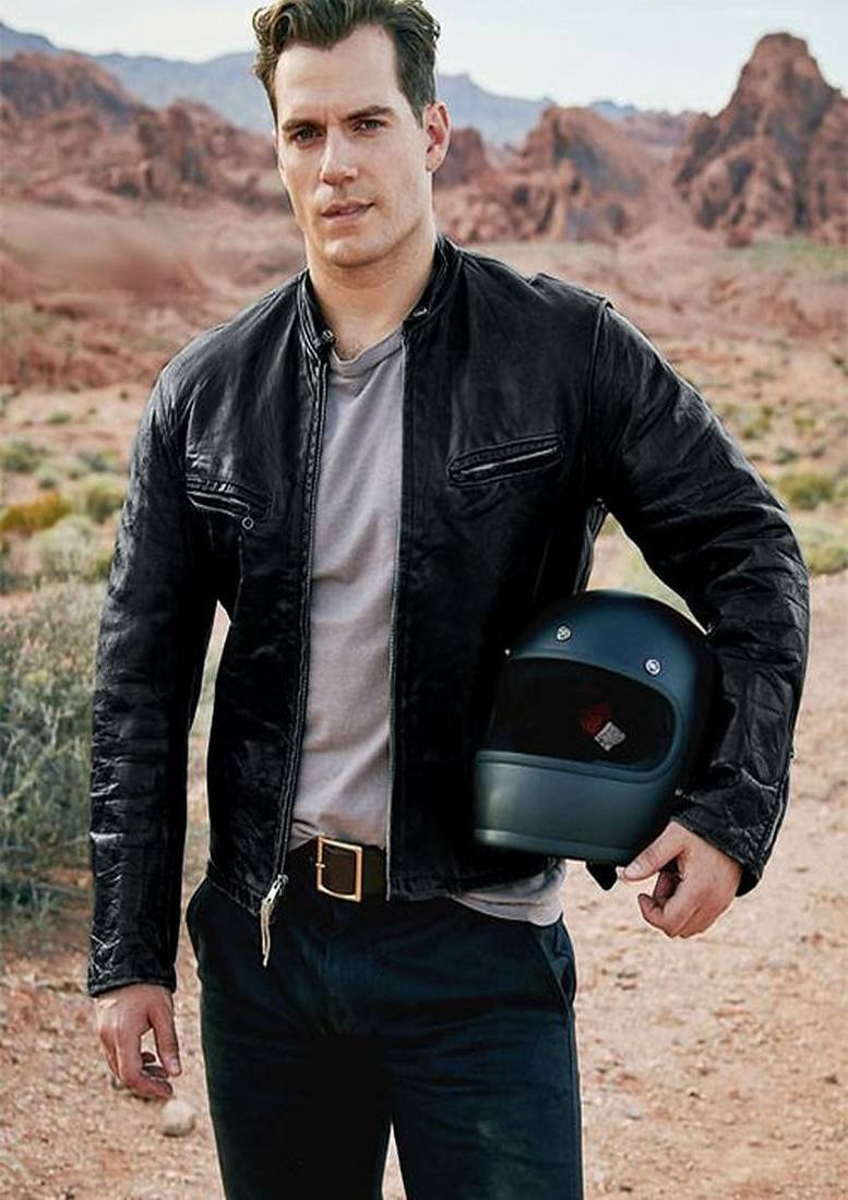 men's black zipper slim fit lambskin leather biker jacket moto style henry cavill fashtion