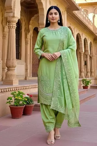 Green crepe readymade suit with embroidery & sequence work