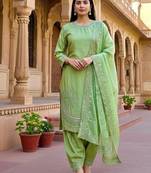 Green crepe readymade suit with embroidery & sequence work